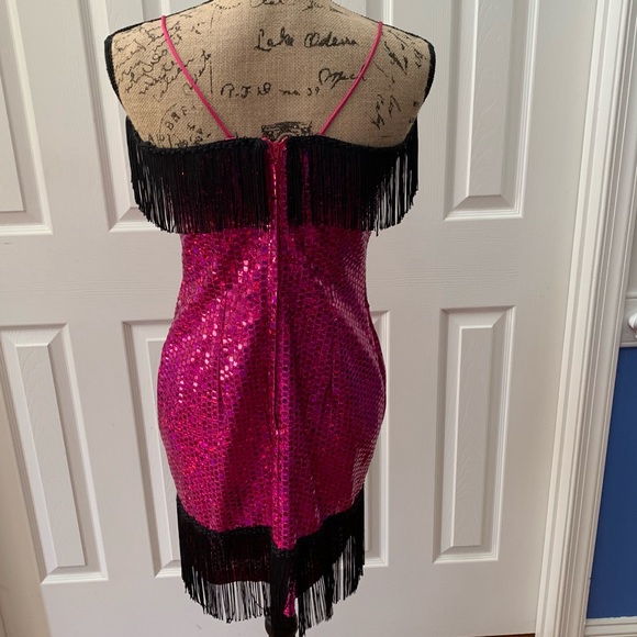 Vintage 1920s Flapper Fuchsia Sequin Black Fringe Spaghetti Strap Dress - Picture 8 of 11
